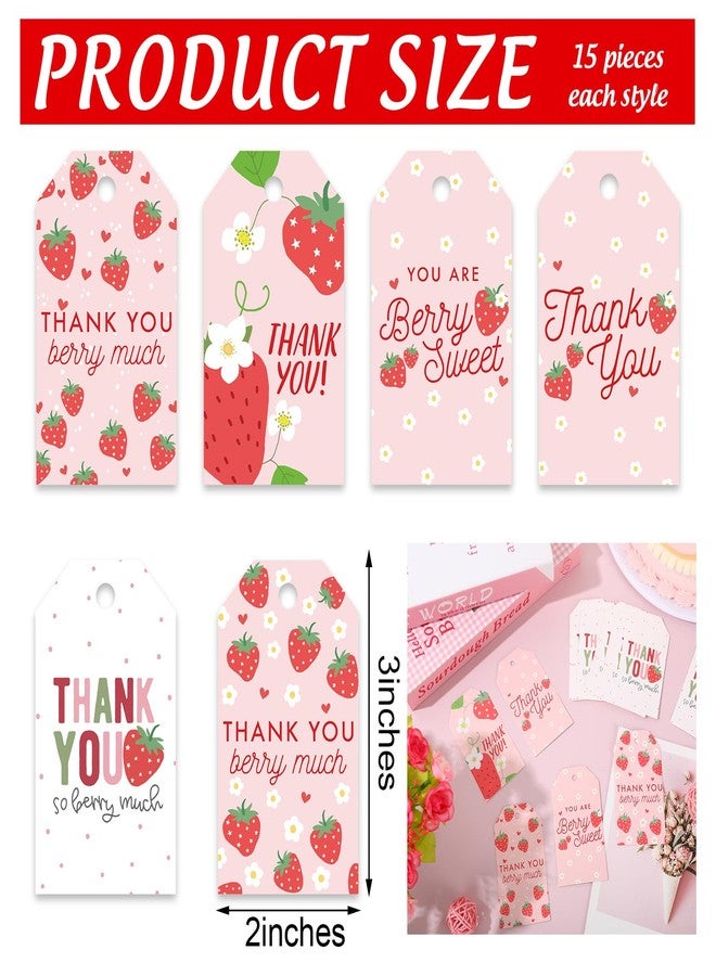 وولاين مجموعة من 90 قطعة من بطاقات تغليف هدايا الفراولة من والين، ملصقات شكر معلقة مع خيط، بطاقات ورقية فارغة مزينة بزهرة الفراولة الوردية، مناسبة لأعياد الميلاد وحفلات استقبال المولود. - Image 2